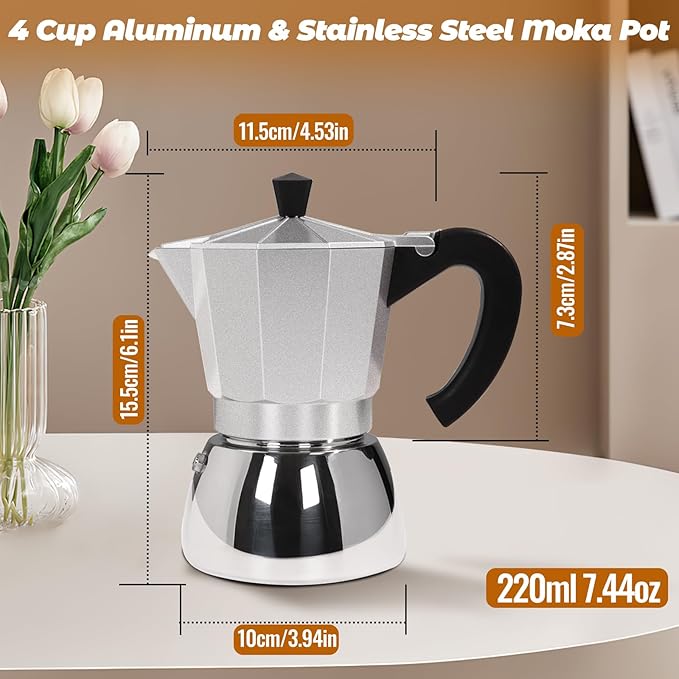 No Coating 4 Cup Aluminum and Stainless Steel Moka Pot Stovetop Espresso Maker Italian Coffee Machine 220ml 7.44oz Suitable for Gas Induction Stovetop Greca Coffee Maker Percolator Silver