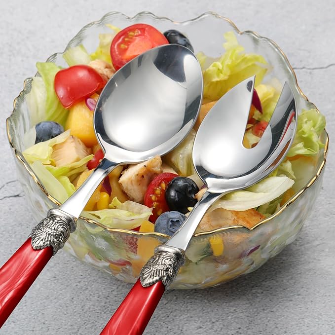 2-piece Salad Servers Stainless Steel Salad Serving Set Salad Fork and Spoon (Red)