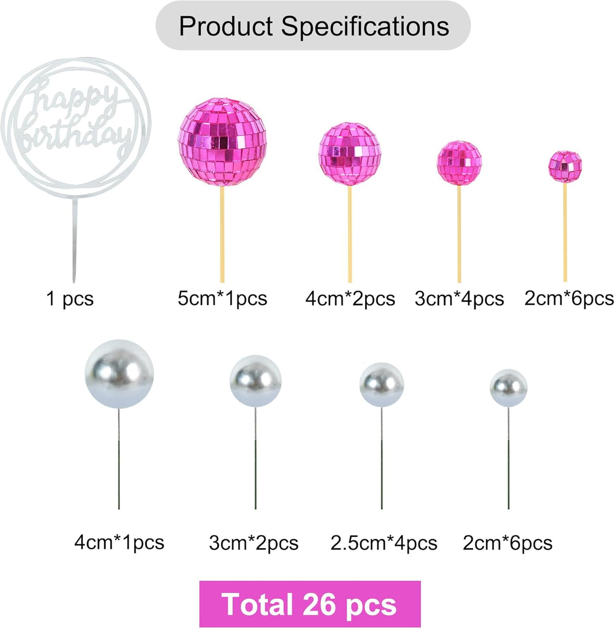 BEISHIDA 27 PCS Hot Pink Disco Ball Cake Toppers - Mini Mirror Ball Cupcake Toppers for Disco Theme Party, 70s 80s Party Decorations, Birthday, Wedding, Anniversary, Baby Shower, and Retro Celebration