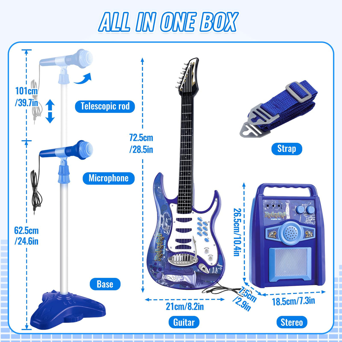 deAO Musical Guitar Play Set,Adjustable Height Microphone,Amplifier Set with Stand,Music Light Karaoke Music Toys Birthday for Kids Boys Girls