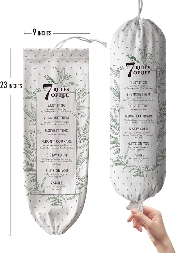 Hglian Inspirational Plastic Bag Holder,7 Rules of Life Grocery Bag Organizer Canvas Shopping Trash Bags Storage,Motivational Kitchen Décor,Gifts for Women