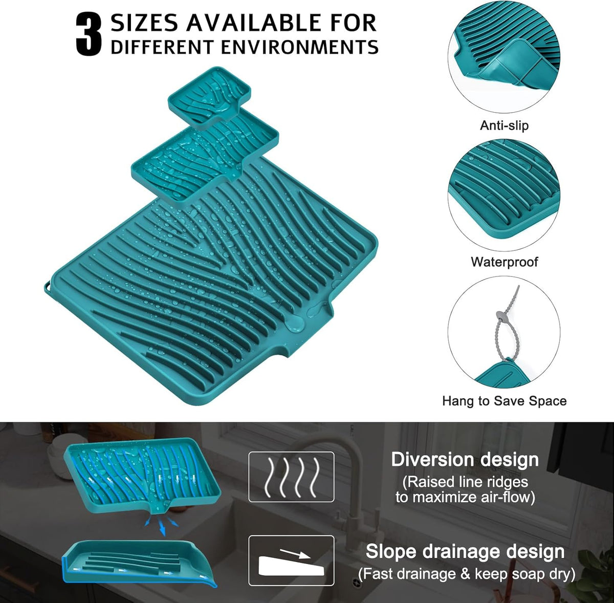 Silicone Dish Drying Mat for Kitchen Counter, Dish Drying Pad, Non-Slip Drain Pad with Built-in Drain, Heat Resistant Stone Drying Mat, 3 pcs (Green)