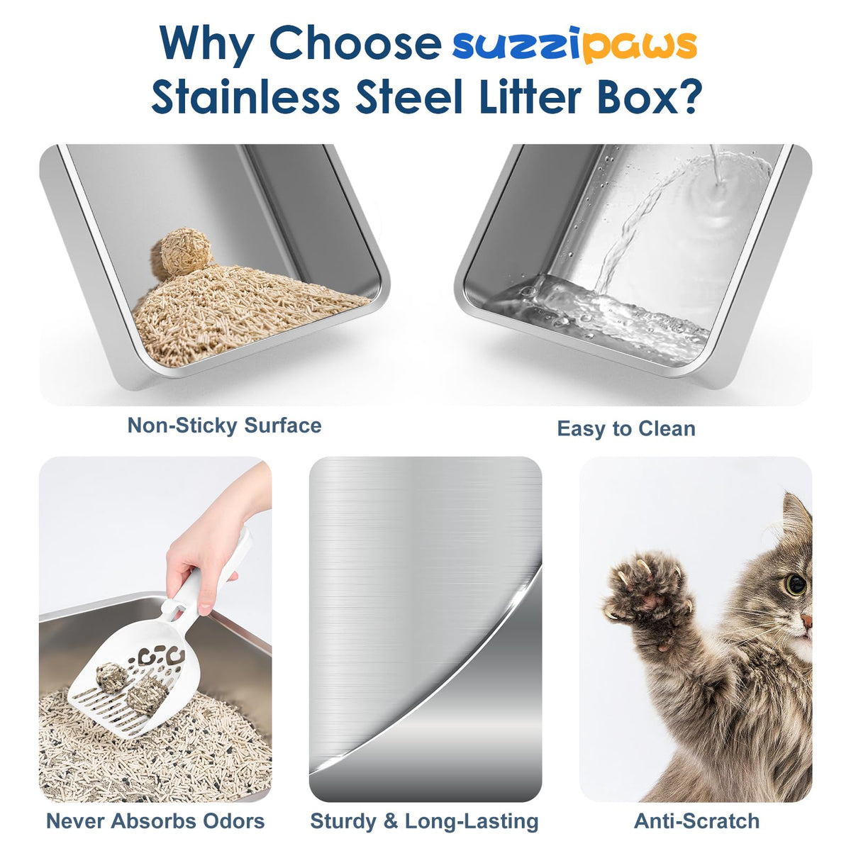 Suzzipaws XL Enclosed Stainless Steel Cat Litter Box for Big Cats