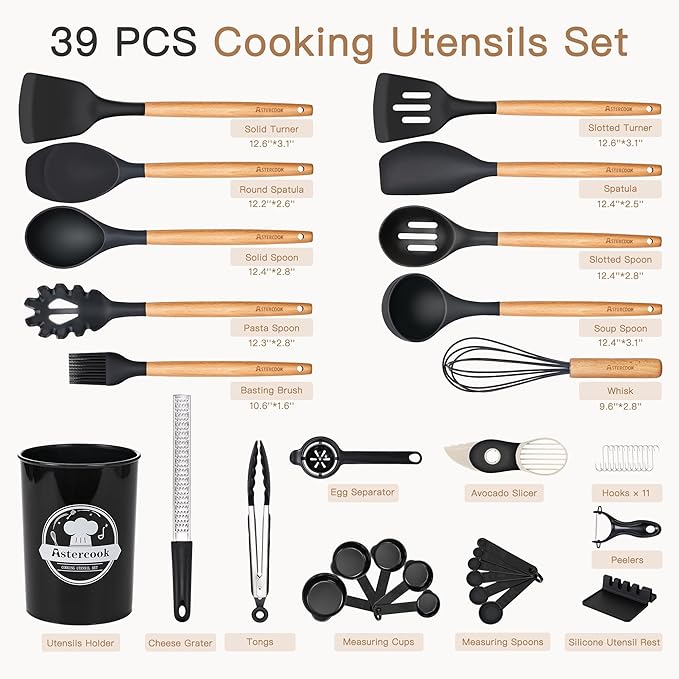 Astercook 39 PCS Kitchen Utensils Set, Silicone Cooking Utensils Set with Wooden Handle, 446°F Heat Resistant Food Grade Utensil Sets, BPA Free Kitchen Gadgets Tools Set for Nonstick Cookware (Black)