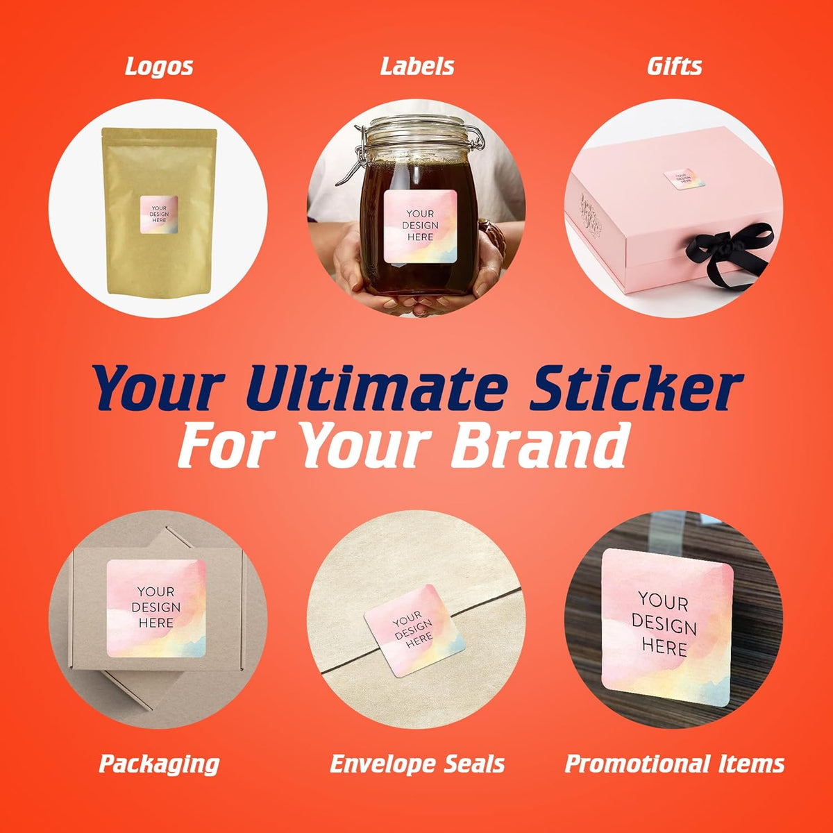 100 Custom Vinyl Stickers - Upload Your own Image, Text, Design, Logo - Personalized Logo Labels for Handmade, Packaging, Bottle, Jars, Candle, Brand Stickers (Watercolor, 1.5x1.5 Square)