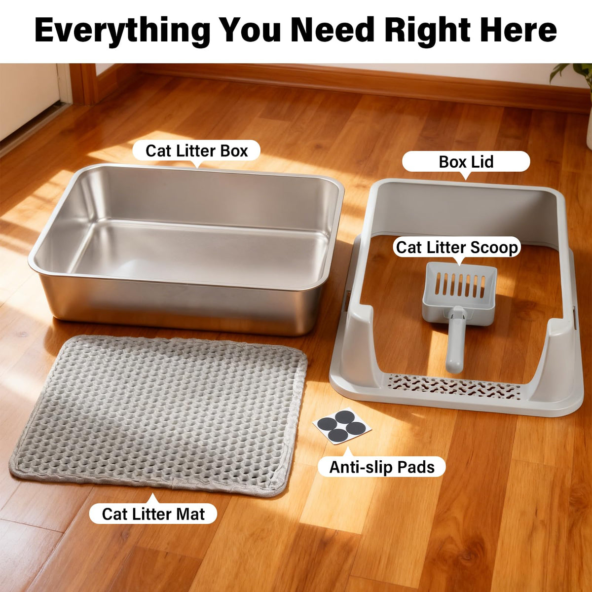 FUTAM Stainless Steel Litter Box with Lid, Metal Litter Box for Kitten, Small Litter Boxes with Scoop and Mat, Low Entry,Non-Stick,Easy to Clean Litterbox for Small to Medium Cats