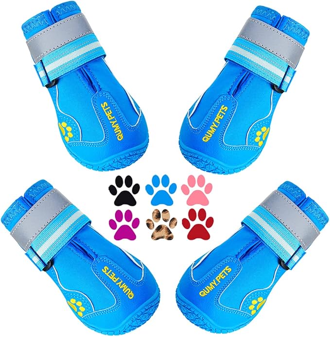 QUMY Dog Shoes for Large Dogs, Medium Dog Boots & Paw Protectors for Winter Snowy Day, Summer Hot Pavement, Waterproof in Rainy Weather, Outdoor Walking, Indoor Hardfloors Anti Slip Sole Blue 6