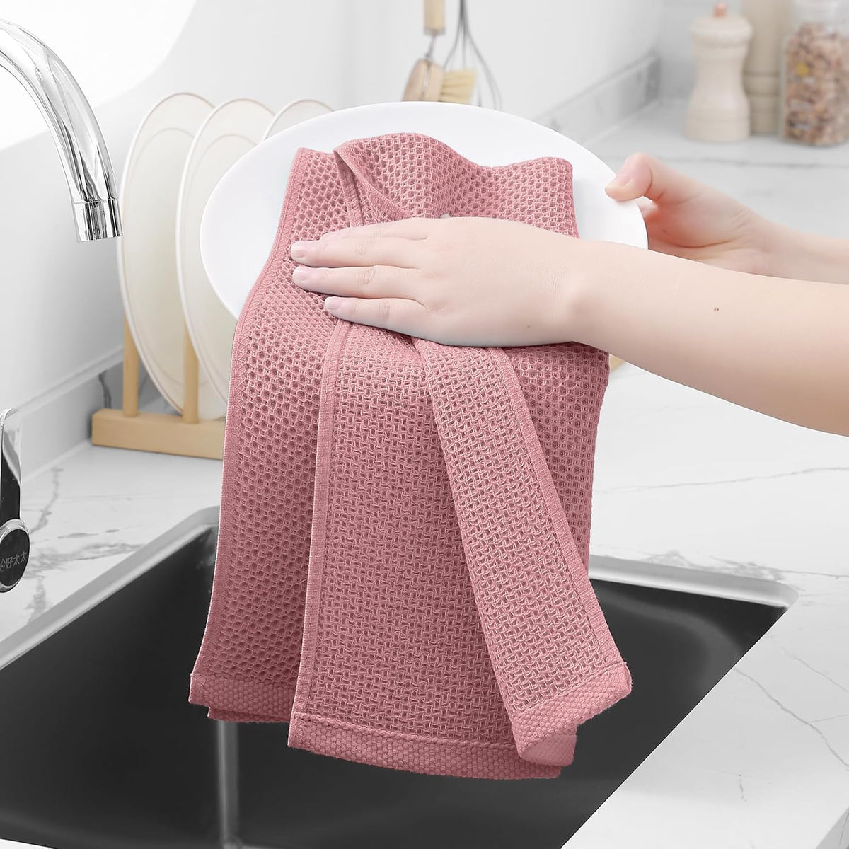 Homaxy 100% Cotton Waffle Weave Kitchen Dish Towels, Ultra Soft Absorbent Quick Drying Cleaning Towel, 13 x 28 Inches, 8-Pack, Dried Rose