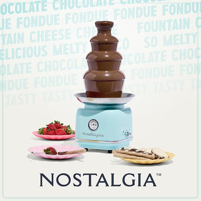 Nostalgia 4 Tier Electric Chocolate Fondue Fountain Machine for Parties - Melts Cheese, Queso, Candy, and Liqueur - Dip Strawberries, Apple Wedges, Vegetables, and More - 32-Ounce - Aqua