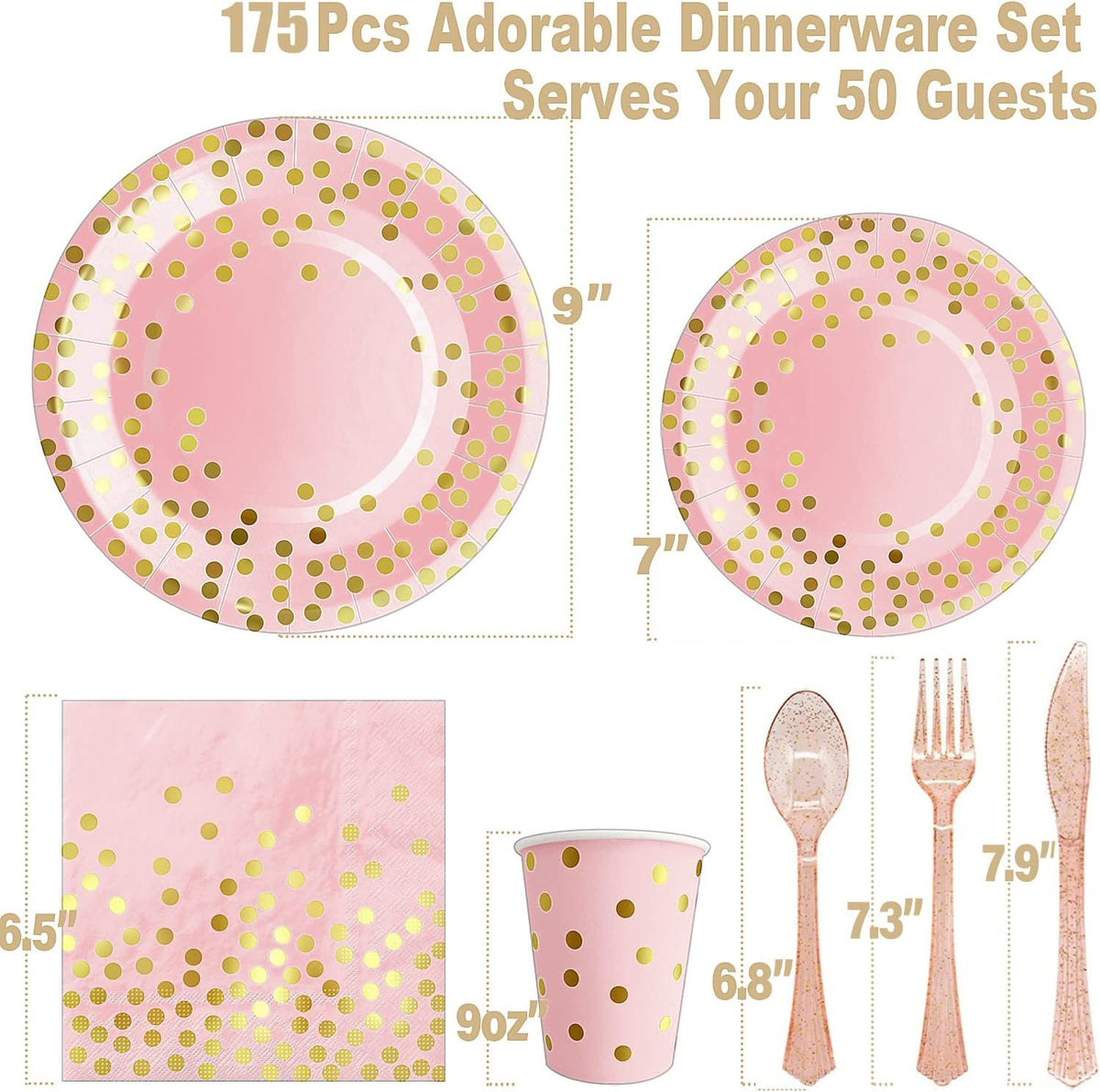 AIRE 175PCS Pink Rose Gold Plates Party Supplies Severs 25 Guests Disposable Party Decorations, Plastic Forks Knives Spoons, Golden Dot Paper Plates Napkins Cups for Baby Shower Birthday Wedding