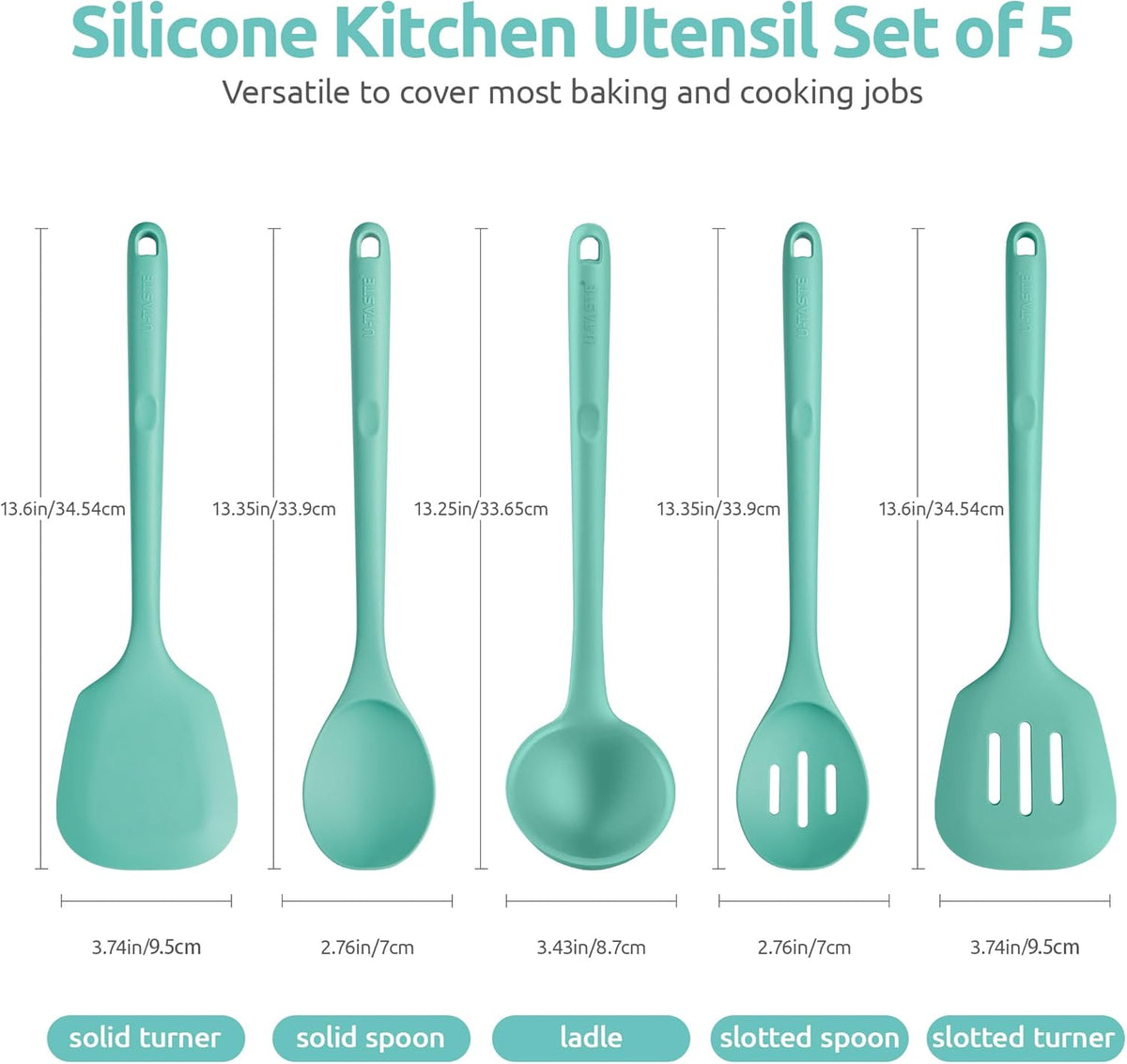 600ºF Heat Resistant Kitchen Utensil: U-Taste 13.6" Extra Long Silicone Cooking Tools Set, Food-Grade Non-Stick Solid and Slotted Turner Spatula, Mixing Spoon, and Soup Ladle (5 Pieces, Aqua Sky)