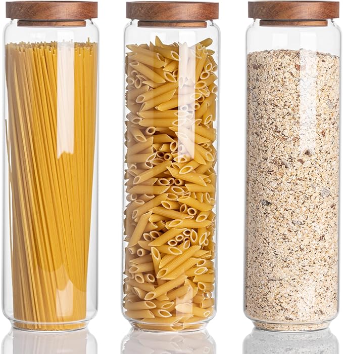 Kanwone Airtight Food Storage Containers Set of 3, 54 Ounce Glass Storage Containers with Bamboo lids, Clear Glass Canisters for Pantry, kitchen, Flour, Sugar, Tea, Coffee, Cookies, Spice and Herbs