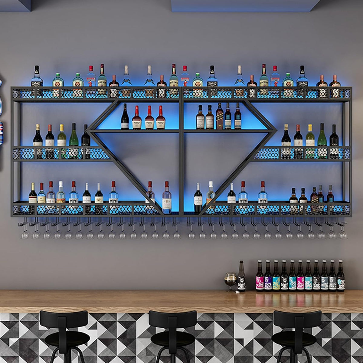 78.7in Metal Wine Rack Wall Mounted, Modern Wine Storage Rack Wall Mounted with Wine Glass Holder, Liquor Shelf, Bar Shelves for Liquor Bottles (3TIERS Black, 78.7 * 7.87 * 33.85INCH)