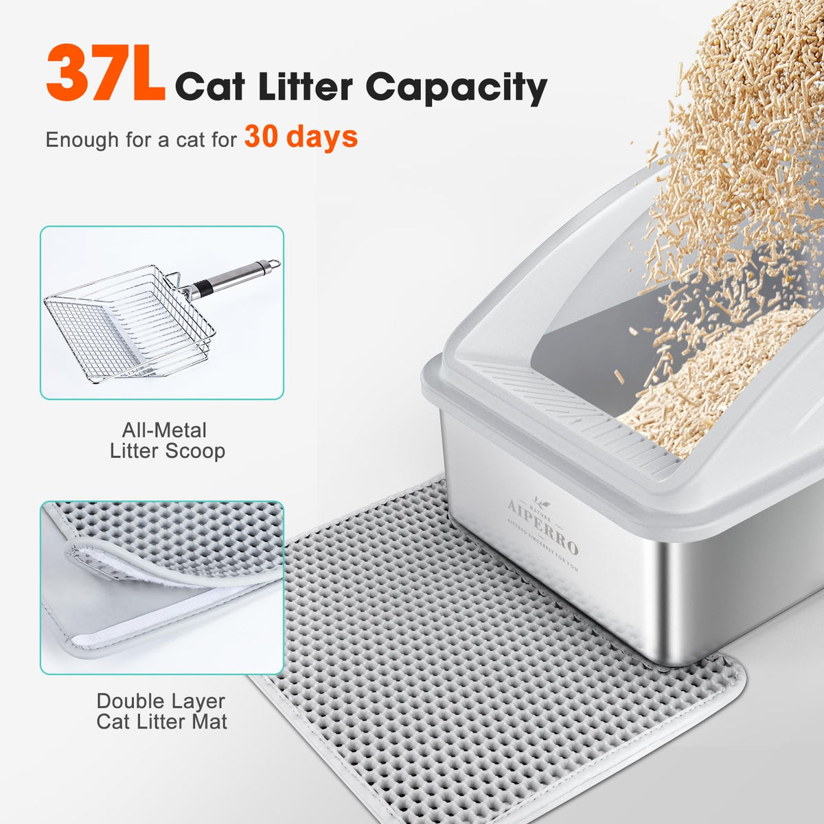 AIPERRO Stainless Steel Litter Box | XL Enclosed Cat Litter Boxes with Lid