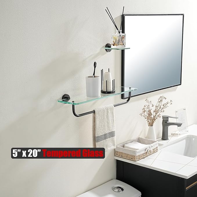 JQK Bathroom Glass Shelf Bronze, Shelf with 19 Inch Towel Bar Tempered Glass Shower Storage 20 by 5 inches, 304 Stainless Steel Oil Rubbed Bronze Wall Mount, TGS100L20-ORB