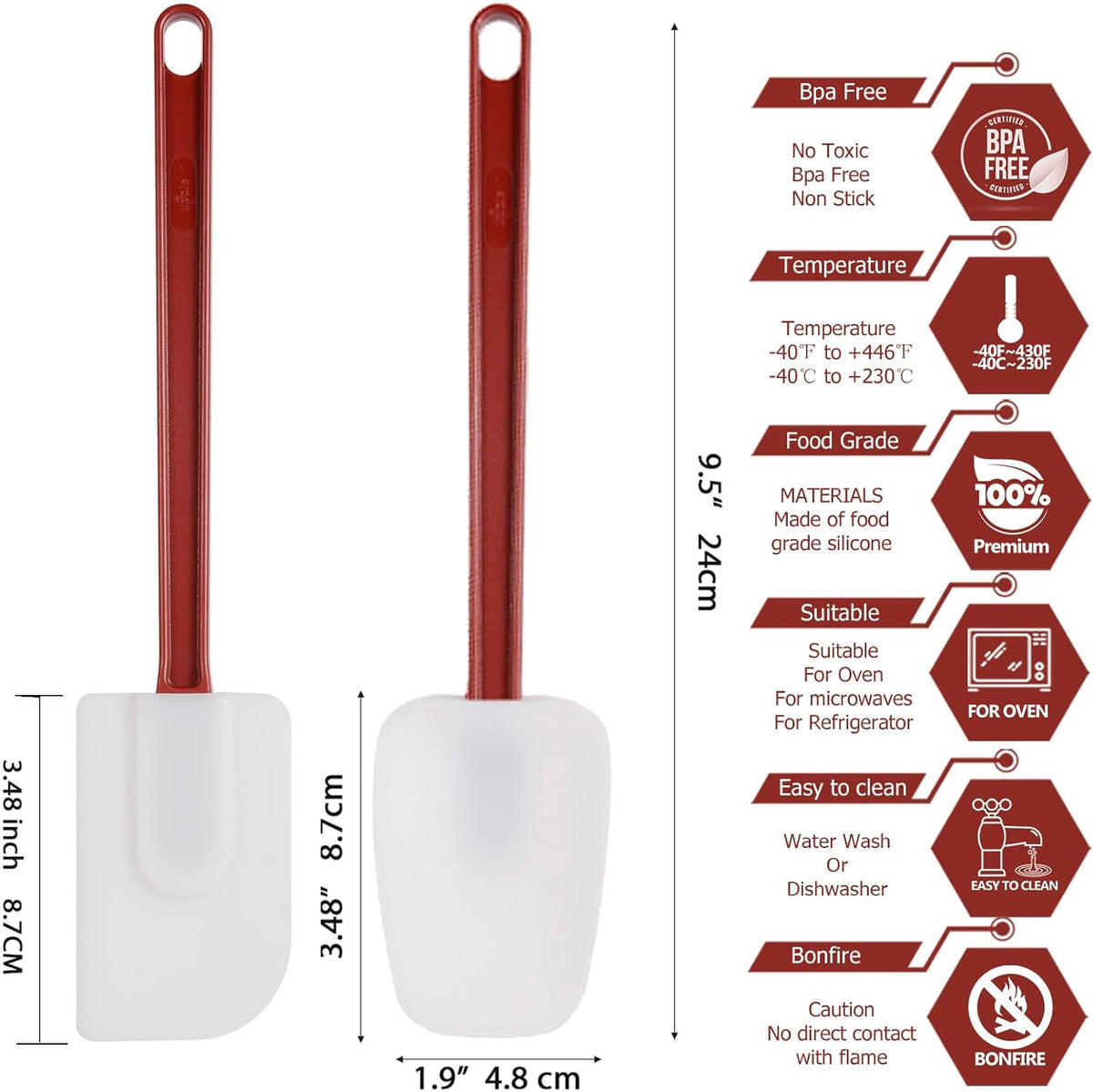 Silicone Rubber Spatula Set of 3, High Heat, Commercial (2 Spoonula + 1 Scraper, 9.5 Inches)