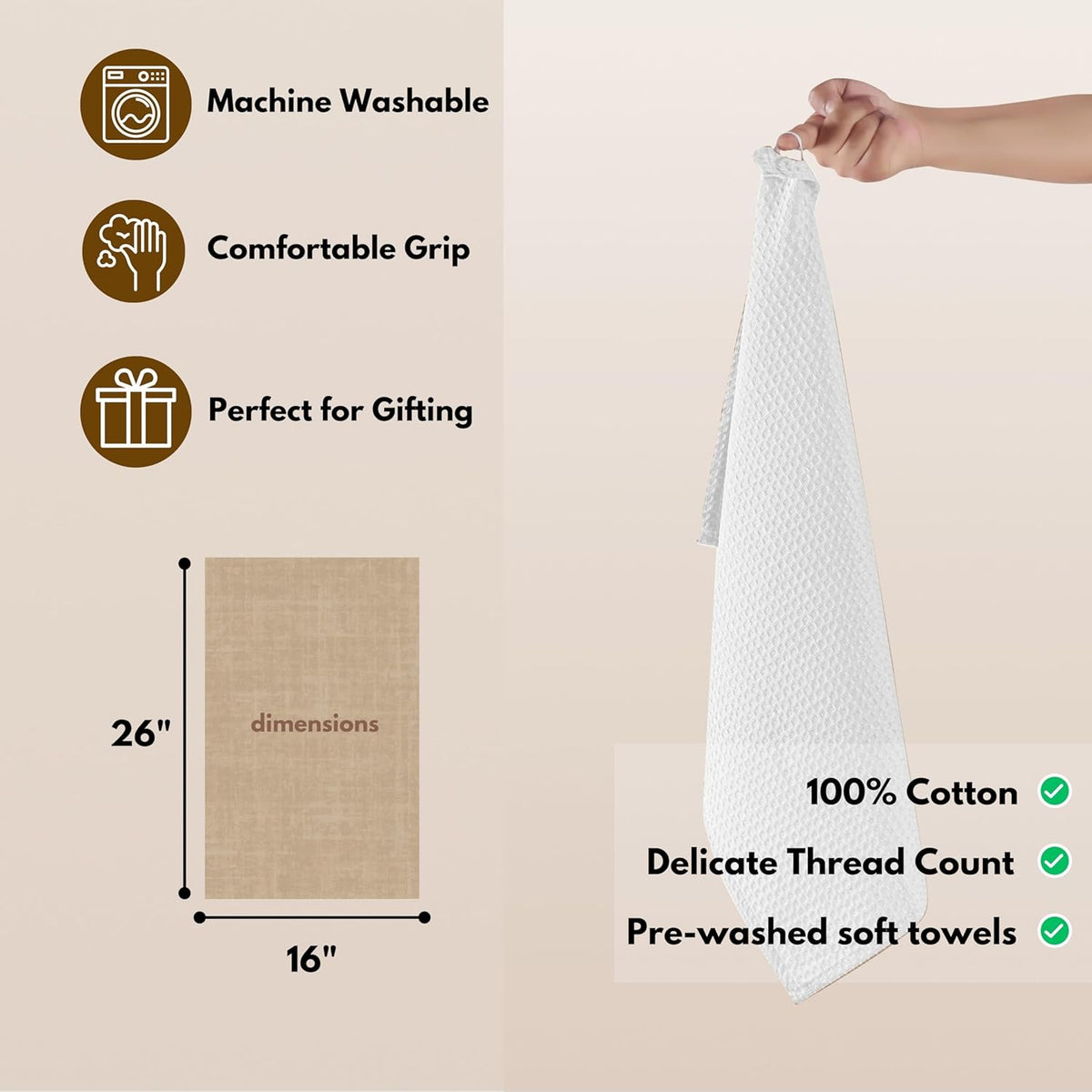 Native Fab Cotton Kitchen Towel with Hanging Loop 16x26 inches, 6-Pack, Waffle Weave Kitchen Towels for Cleaning Drying, Washcloths Soft & Absorbent Cloth Rags, Bar Towel, Dish Cloth, White