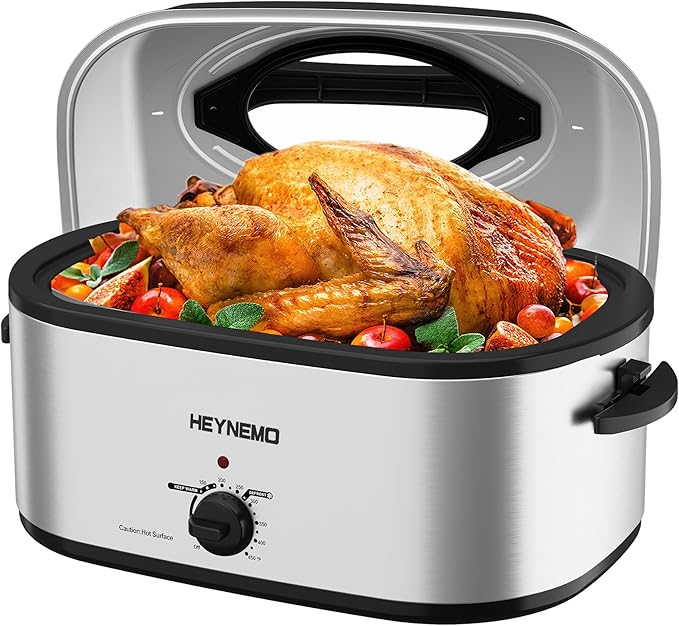 26 Quart Electric Roaster Oven with Visible & Self-Basting Lid, Large Turkey Roaster with Defrost Warm Function, Adjustable Temperature, Removable Pan Rack, Stainless Steel, Silver