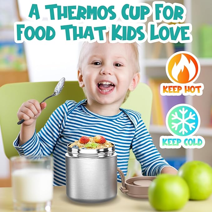Thermo for Hot Food Kids - 15.2 Oz, Insulated Food Jar for Soup, Width Mouth Stainless Steel Insulated Lunch Container with Folding Spoon, Stainless Steel