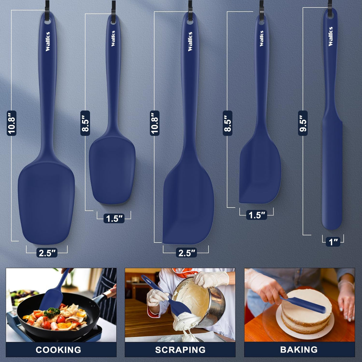 Walfos Silicone Spatula Set (5pcs) - 600℉ High Heat Resistant Kitchen Spoon Navy Blue Spatulas for Cooking Mixing & Baking, Strong Steel Core and One-Pieces Seamless Design, BPA Free Dishwasher Safe