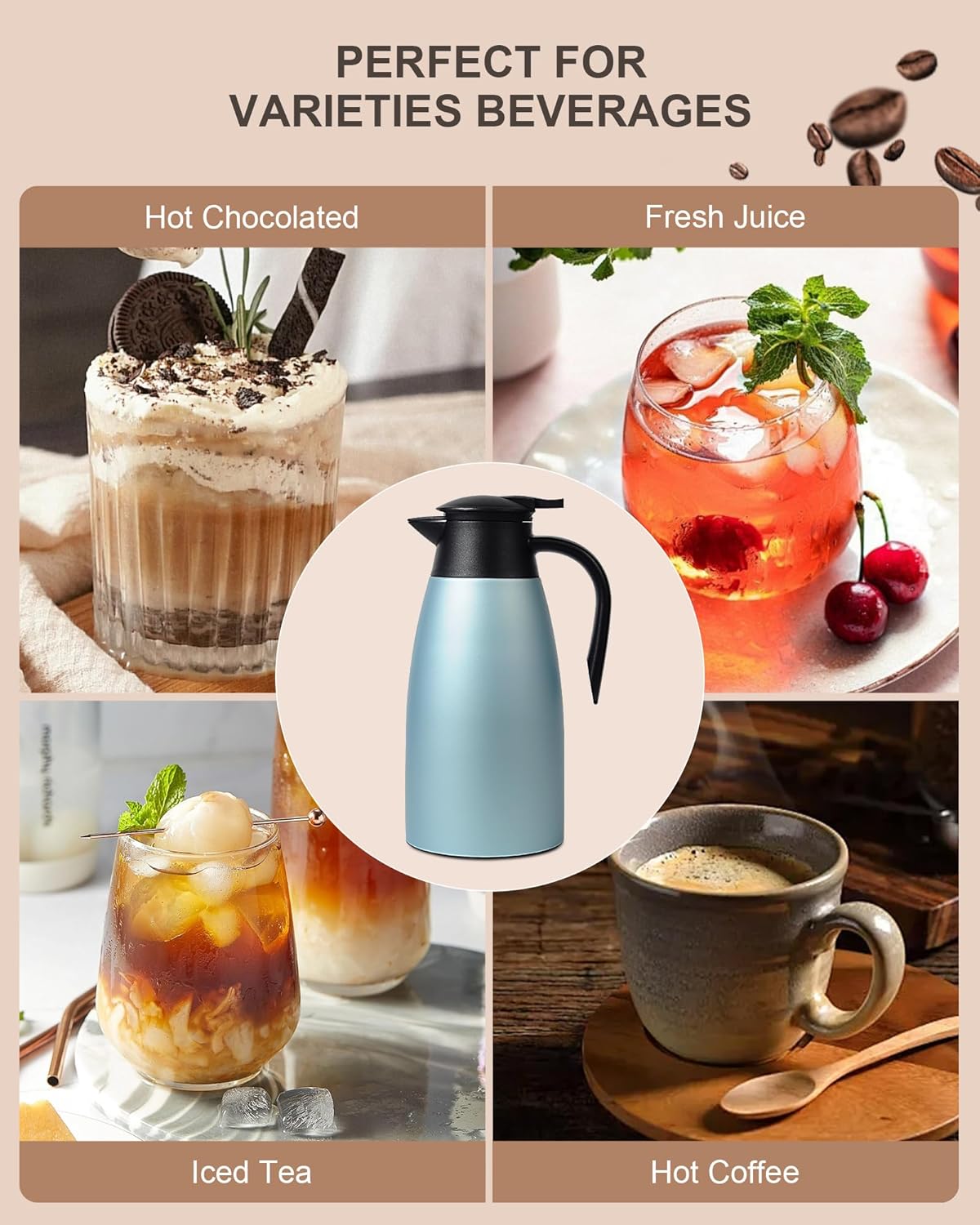 70 OZ Updated Thermal Coffee Carafe for keeping hot, 2 PCS Carafes for hot liquid, Insulated Coffee Carafe Stainless Steel Vacuum Thermal Pot for Coffee, Hot Water,Keep Hot 12 Hours (Blue+Blue)