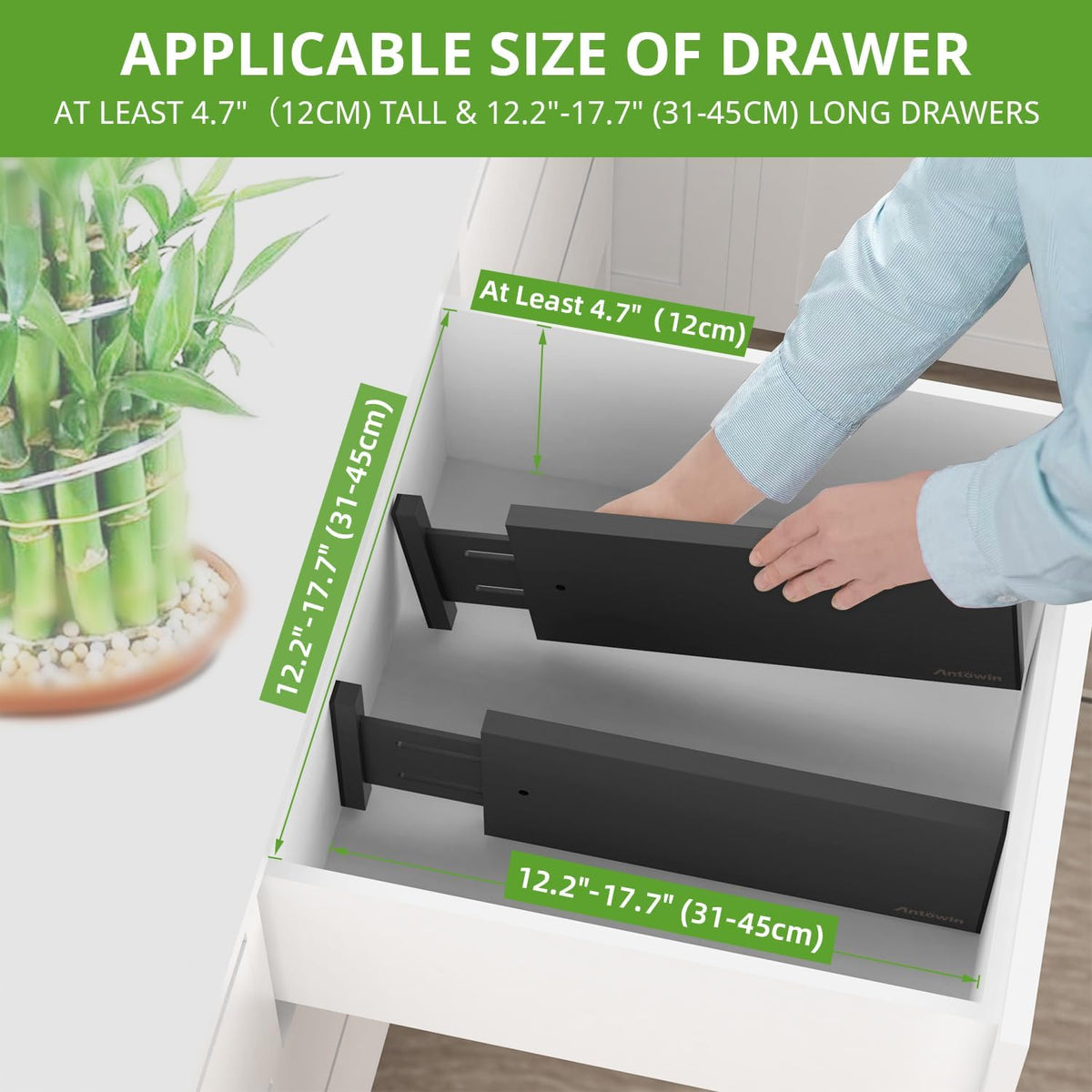 ANTOWIN 4 Pack Expandable Drawer Dividers, 4.7'' High, Extend from 12.2'' to 17.7'', Dresser Drawer Organizers, Bamboo Separators for Kitchen, Bedroom, Office, Bathroom (Black)