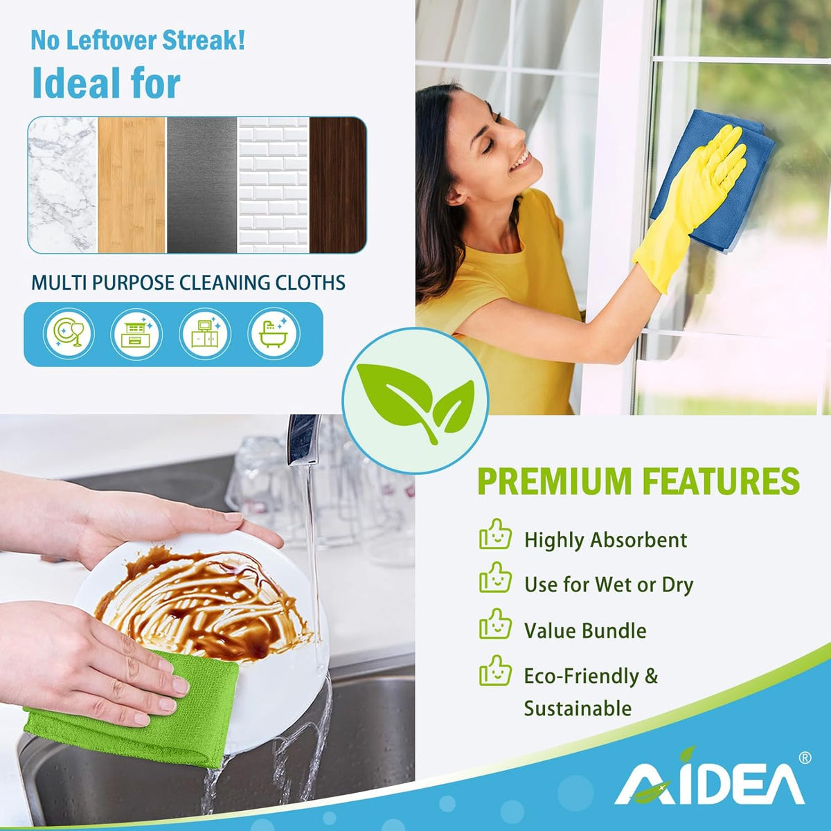 AIDEA Microfiber Cleaning Cloth, 8PK, All Purpose Microfiber Towels, Absorbent Cleaning Rags Kitchen Towels, Lint Free Dusting Cloth for House, Kitchen, Car, Window, 12"×12"