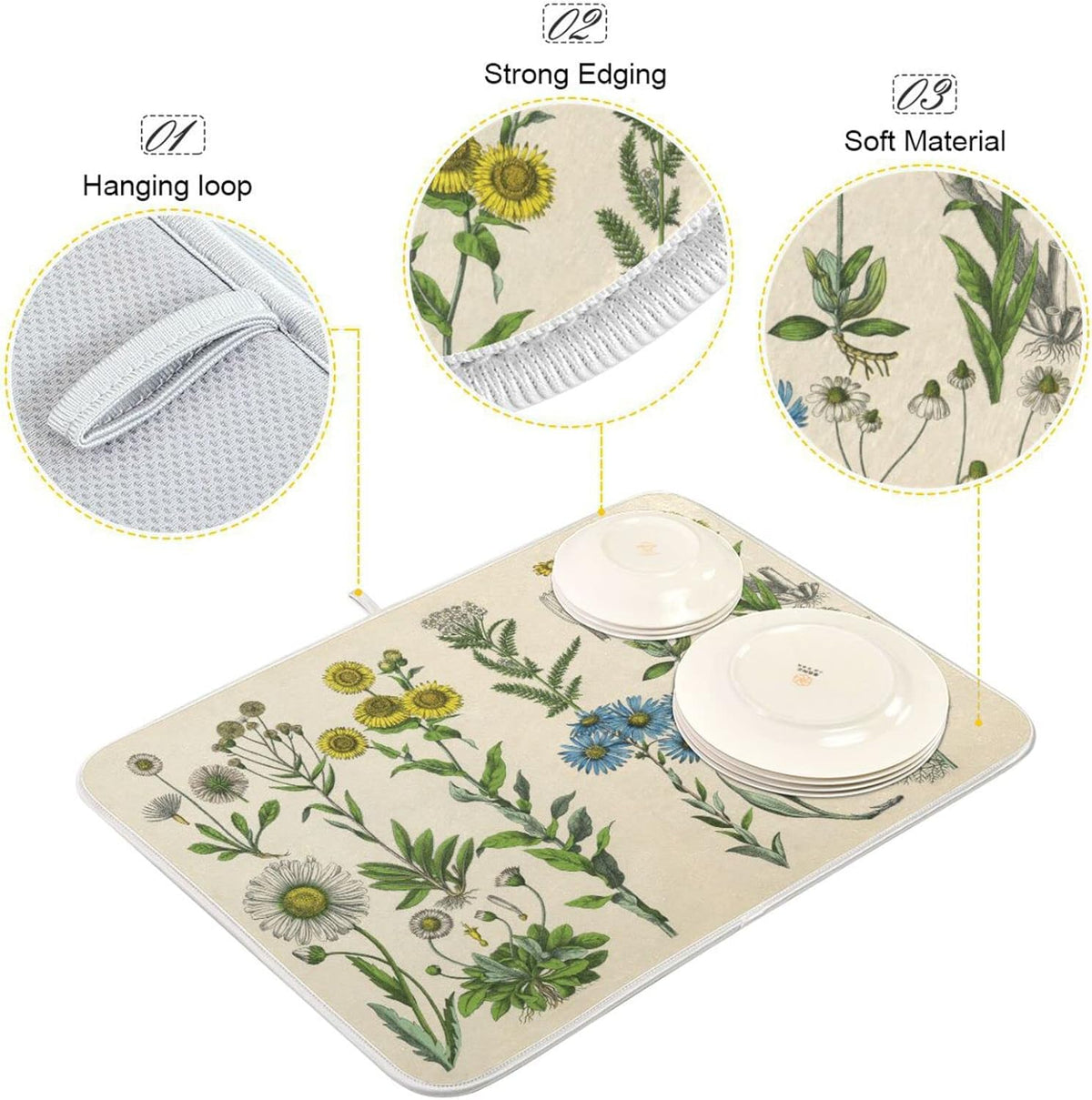 Herbs Flowers Botanical Plant Dish Drying Mat for Kitchen Counter Absorbent Microfiber Drying Pad, Large 18x24 in, Reversible Drainer Mats
