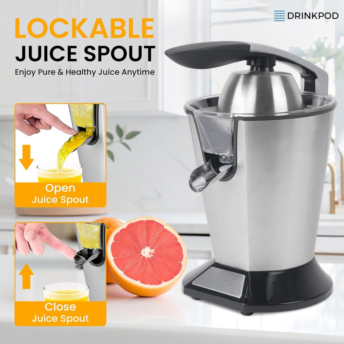DRINKPOD Premium Electric Orange Juicer | Stainless Steel Citrus Squeezer With New Ultra-Powerful Motor and Soft Grip Handle for Effortless Juicing, Auto Shutoff, Dishwasher-safe Parts, Pulp Control