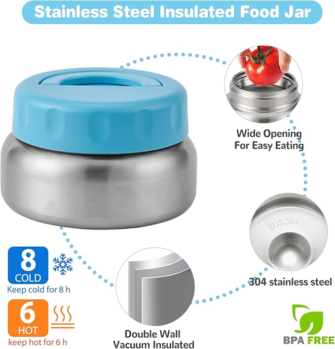 Bento Lunch Box with 9.5 oz Soup Thermo, Kids Leakproof 4 Compartments Bento Box with Silicone Cupcake,Fruit Fork,Spoon and Sauce Cup,Insulated Food Jar for School Travel-Blue