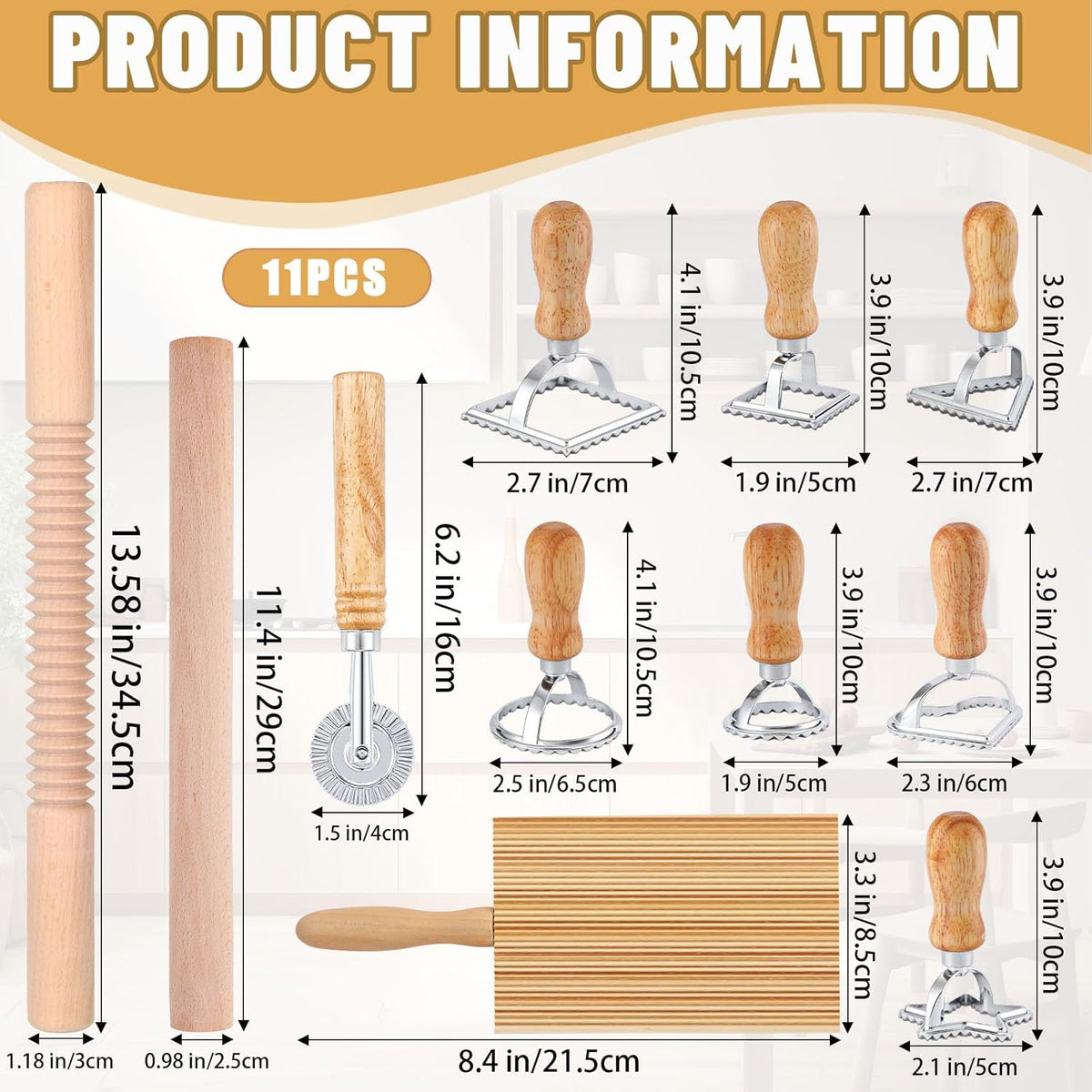 11 PCS Pasta Making Tool, Ravioli Maker Cutter Stamp Set, 1 Pasta Cutter Wheel with 1 Dough Roller, 1 Wood Gnocchi Board with 1 Ravioli Rolling Pin, Pasta Maker Tools for Lasagna, Pierogi