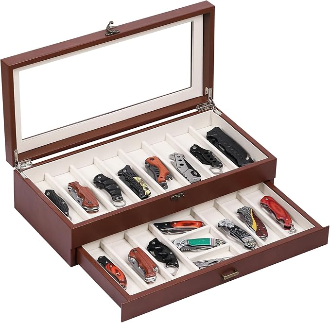 AUTOARK 2-Tier PU Leather & Velvet Knife Organizer with 17 Slots,Transparent Glass Top & Drawer,Compact Storage for Pocket Knives,Perfect for Men's Collections & Gifts,Brown,MKAW017