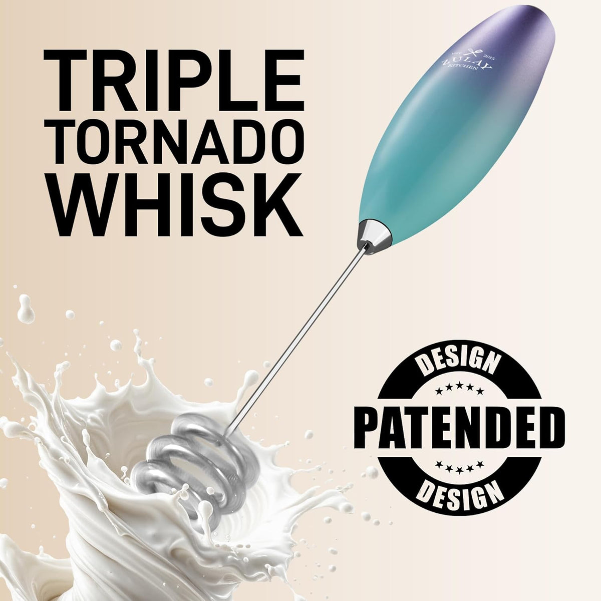 Zulay Kitchen Patented Tornado Triple Whisk Milk Frother with 4 Duracell Batteries – Handheld Foam Maker for Coffee, Lattes, Matcha & Hot Chocolate – Rich, Creamy Froth in Seconds