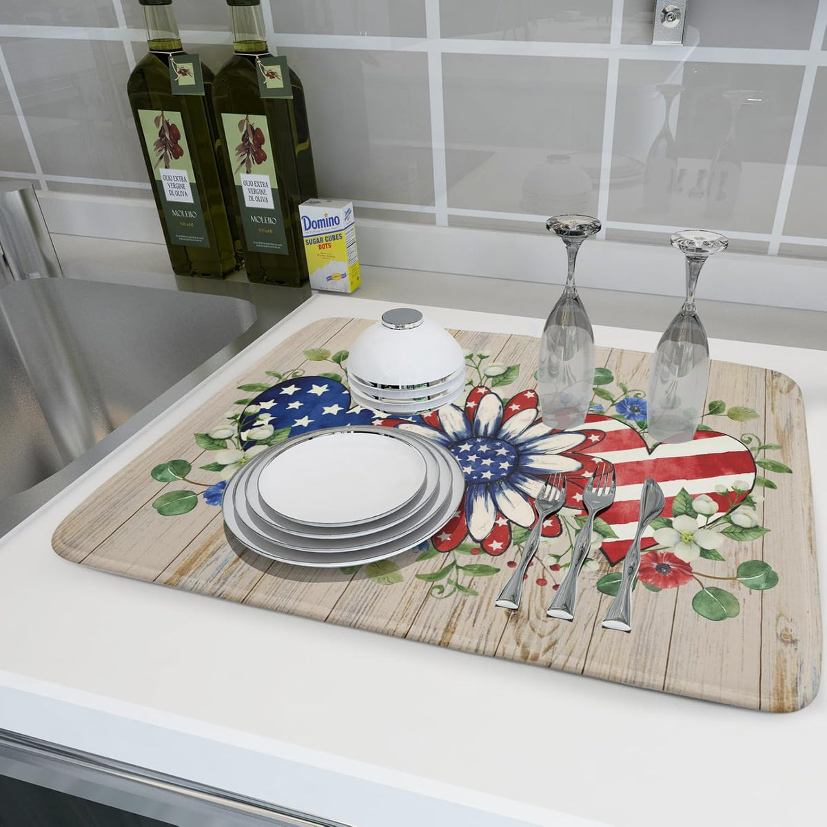 Independence Day Dish Drying Mat 18x24 inch Patriotic Love Heart Fast Dry Microfiber Dishes Drainer Rack Pad Kitchen Counter Accessories