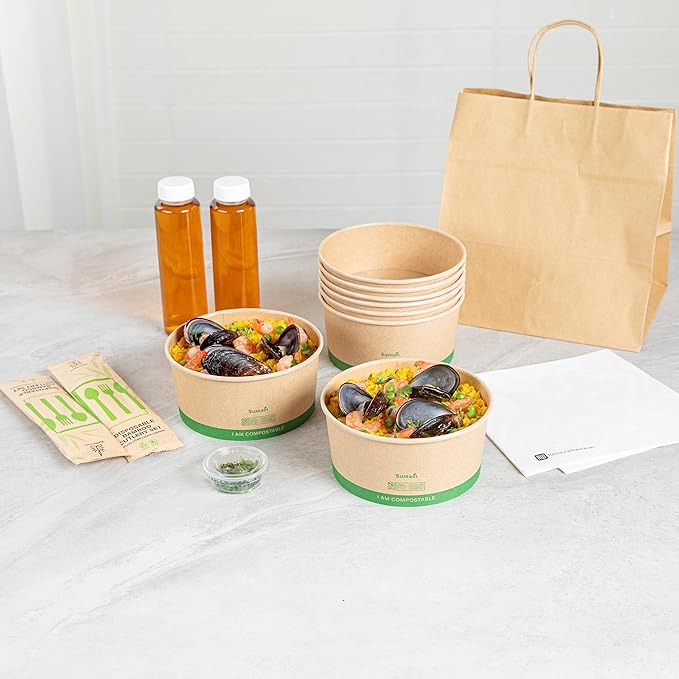 Restaurantware Paper Food Containers 200 Pack Of 44 oz Disposable Round Kraft Salad Bowls Sustainable Stackable Greaseproof Meal Prep Take Out Containers For Ice Creams, Soups, Snacks And Desserts
