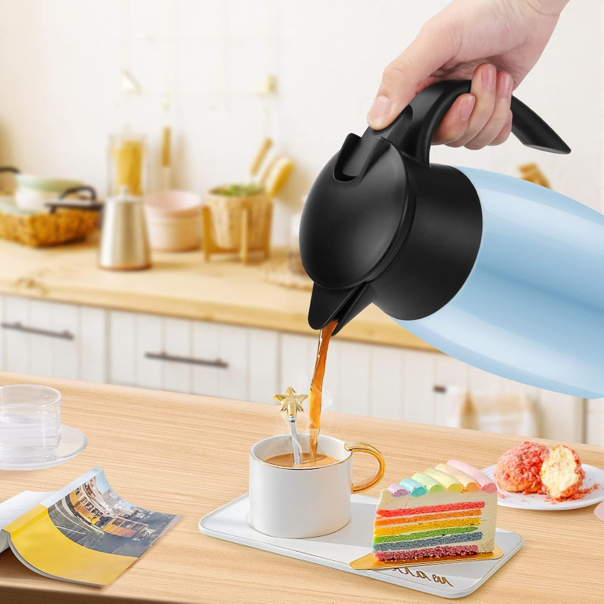 70oz Coffee Carafe Airpot Insulated Coffee Urn Stainless Steel Vacuum Thermal Pot Flask for Coffee, Hot Water, Tea, Hot Beverage Keep 12 Hours Hot, 24 Hours Cold, Blue