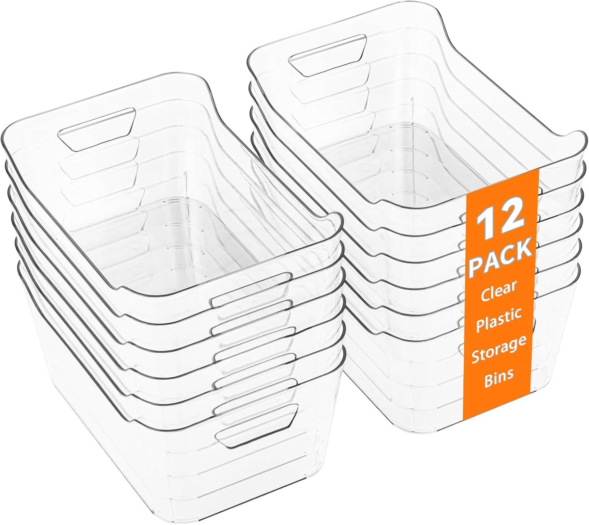 12 Pack Clear Plastic Storage Bins, Pantry Organizers and Storage, Clear Pantry Organizer Bins, Plastic Containers with Handle for Kitchen,Freezer,Cabinet,Closet,Bathroom Under Sink Storage