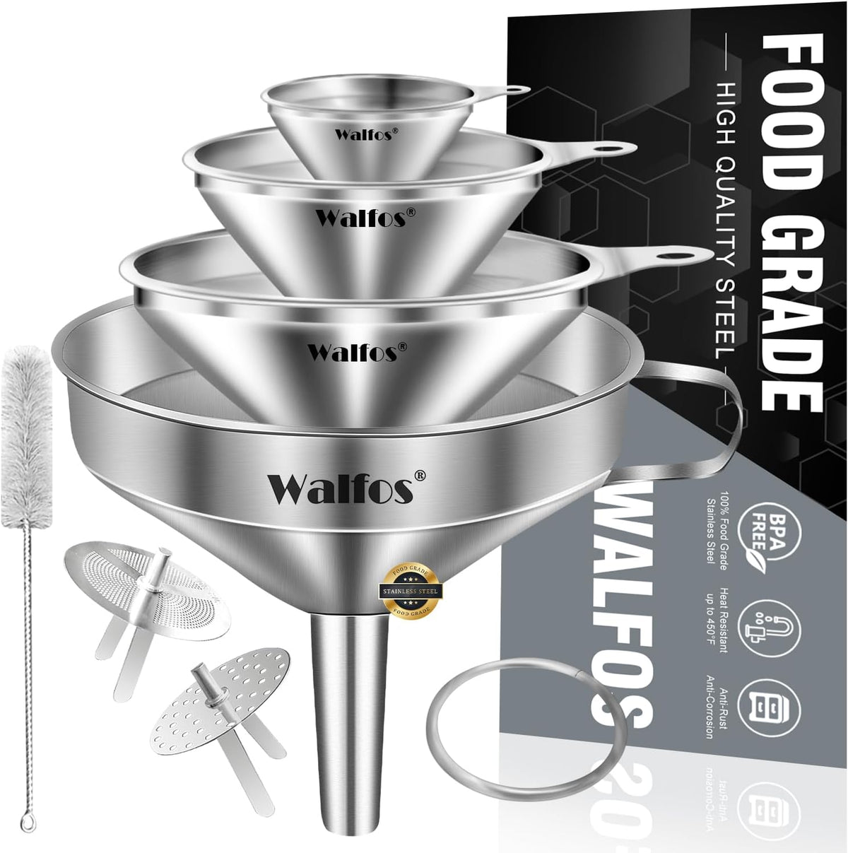 Stainless Steel Funnel, Walfos 4 Pack(4in、3 in、2.2 in、1.7in Kitchen Funnel with 2 Removable Strainer ＆ 1Pcs Cleaning Brush, Perfect for Transferring of Liquid, Oils, Jam, Dry Ingredients & Powder