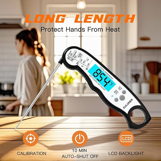 KULUNER TP-01 Waterproof Digital Instant Read Meat Thermometer with 4.6 Folding Probe Backlight Calibration Function for Cooking Food Candy, BBQ Grill, Liquids,Beef(White)