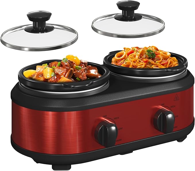 Double Slow Cooker, 2 x 1.25 QT Portable Small Dual Crock Cooker, Buffet Servers and Warmers Dishwasher Safe, Removable Ceramic Pot Glass Lid, Stainless Steel Red