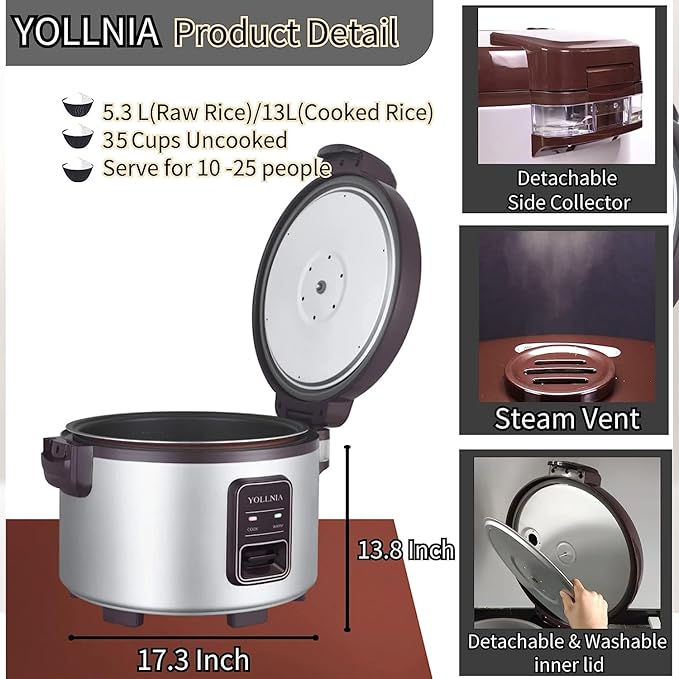 Commercial Large Rice Cooker & Food warmer | 13.8QT/65 Cup cooked rice | Non-stick Inner Pot |Auto Warmer Mode |1350W Fast Cooking