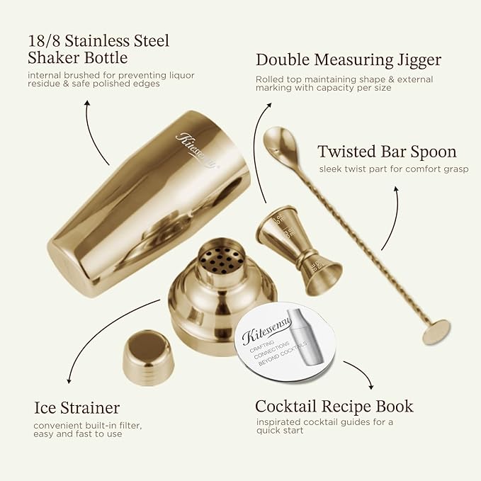 KITESSENSU Cocktail Shaker Set, Stainless Steel Bartending Kit with 25 Ounce Cocktail Shaker with Built in Drink Strainer, Measuring Jigger, Mixing Spoon & Drink Recipe Guide, Gold