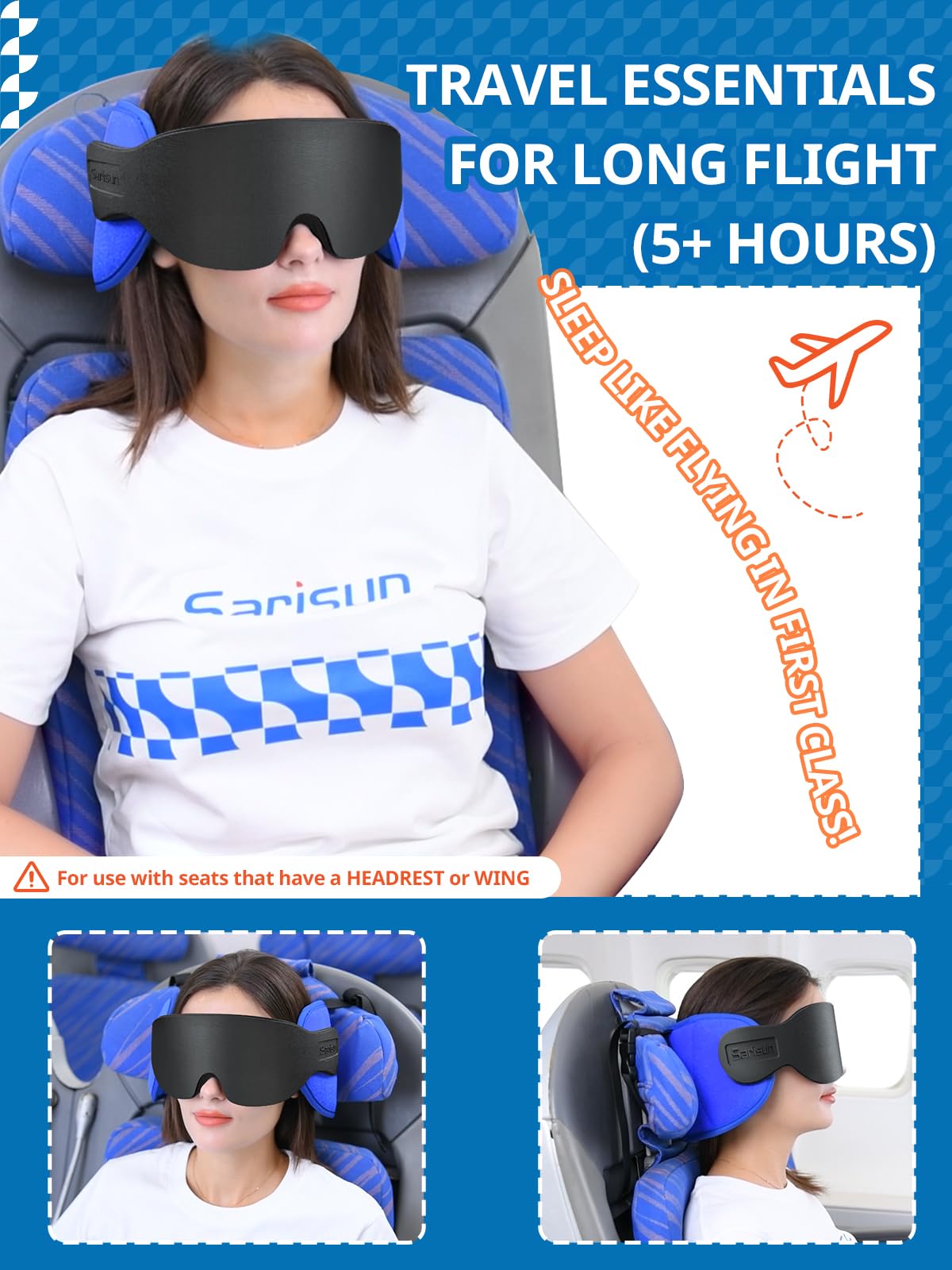 SARISUN Travel Pillow for Airplanes Sleep, Seat Strap for Stable Support