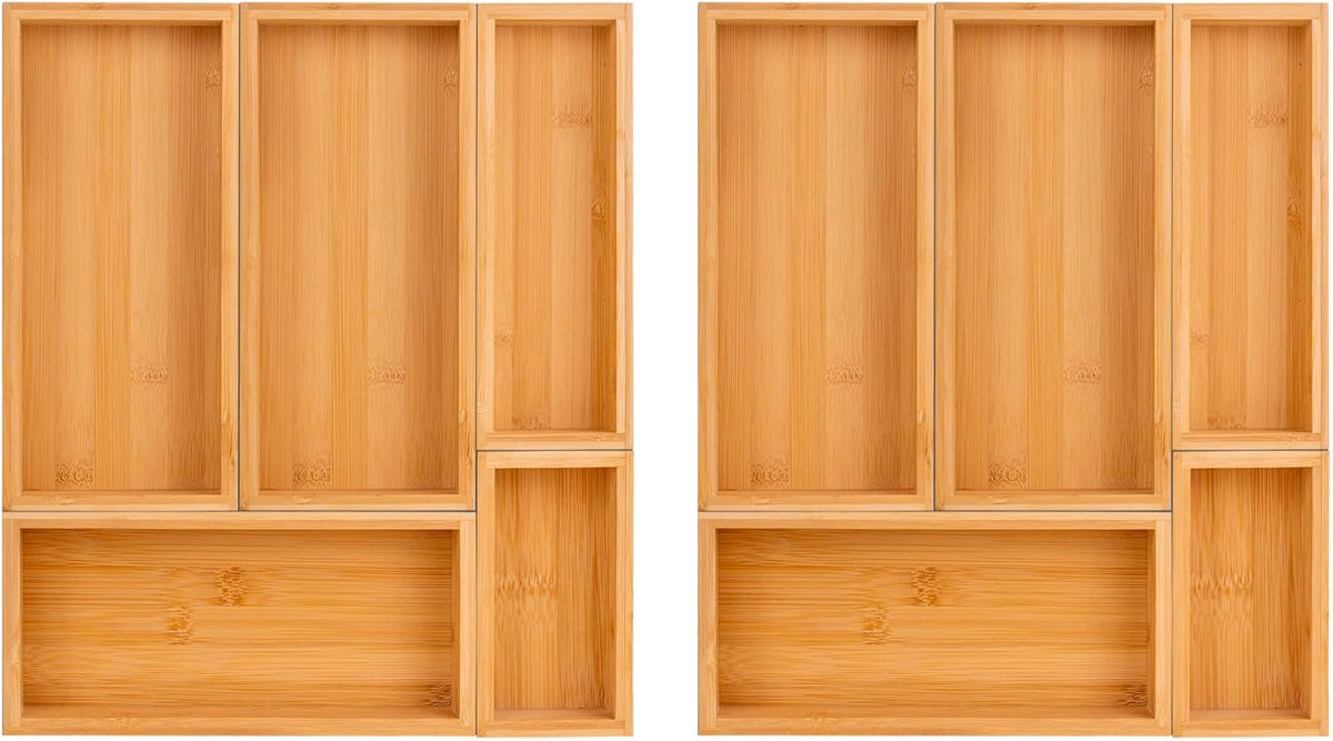 bamboo drawer organizer Set，expandable drawer dividers,wooden storage organizers,large trays for kitchen, bathroom,flatware,Tea Bag Organizer (2 X 5PCS Natural)