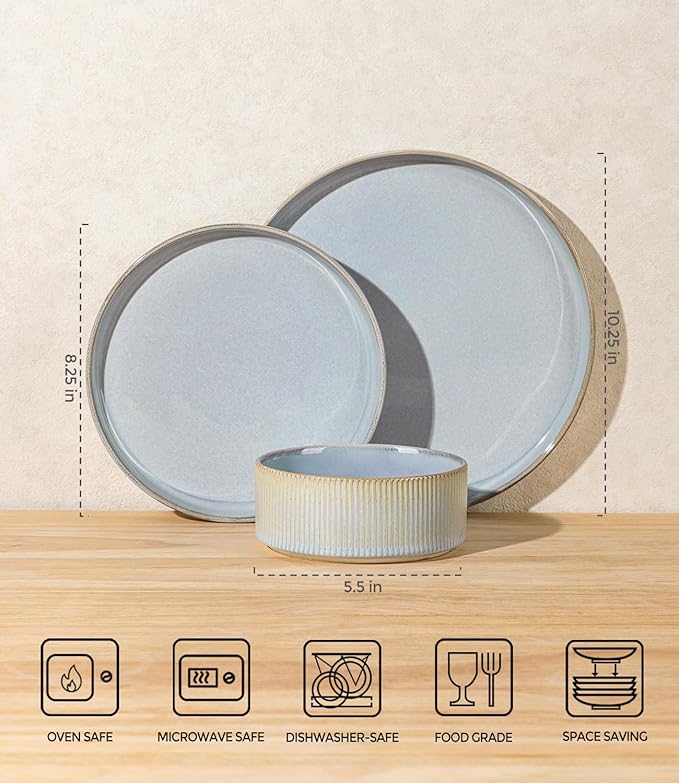 TheTerra Ceramic Dinnerware Sets for 8, 24 Pieces Porcelain Lightweight Speckled Plates and Bowls Sets, Scratch Resistant Dish Set, Oven & Microwave & Dishwasher Safe, Illusion Blue