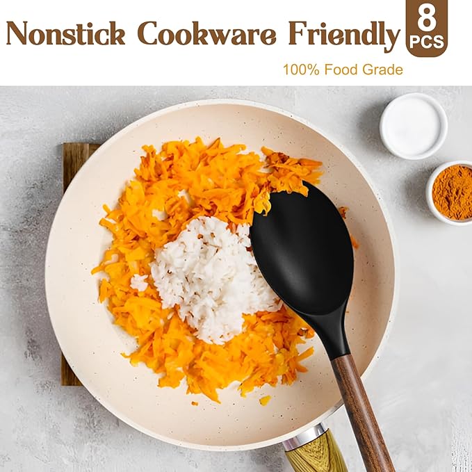 Silicone Cooking Utensil Set, Umite Chef 8-Piece Kitchen Utensils Set with Natural Acacia Wooden Handles,Food-Grade-Silicone Kitchen Gadgets Spatulas Set for Nonstick Cookware- Black