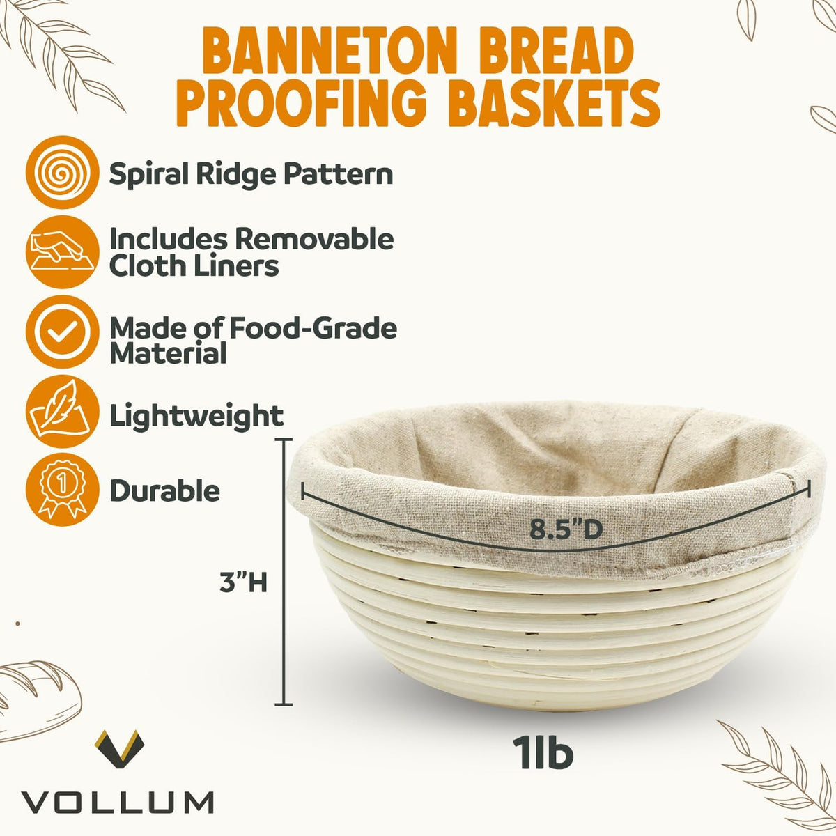 Banneton Bread Proofing Basket Sourdough Proofing Basket for Beginners & Professional Bakers, Handwoven Rattan Cane Bread Maker for Artisan Breads, 8.5 x 3 Inch, 1-Pound Round Brotform