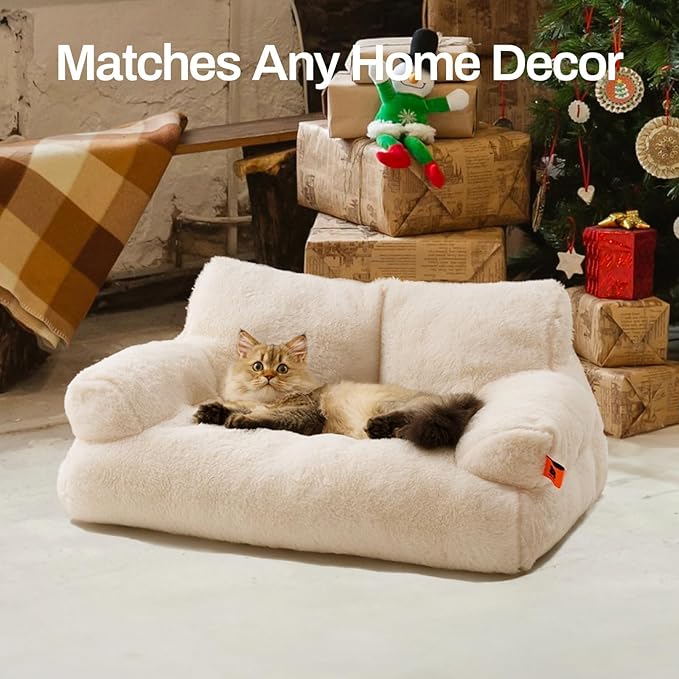 MEWOOFUN Cat Bed for Indoor Cats, Washable Dog Beds for Small Dogs & Cats with Removable Cover, Fluffy Cat Couch with Non-Slip Bottom (Beige, 26.0" L X 19.0" W X 13.0" Th)