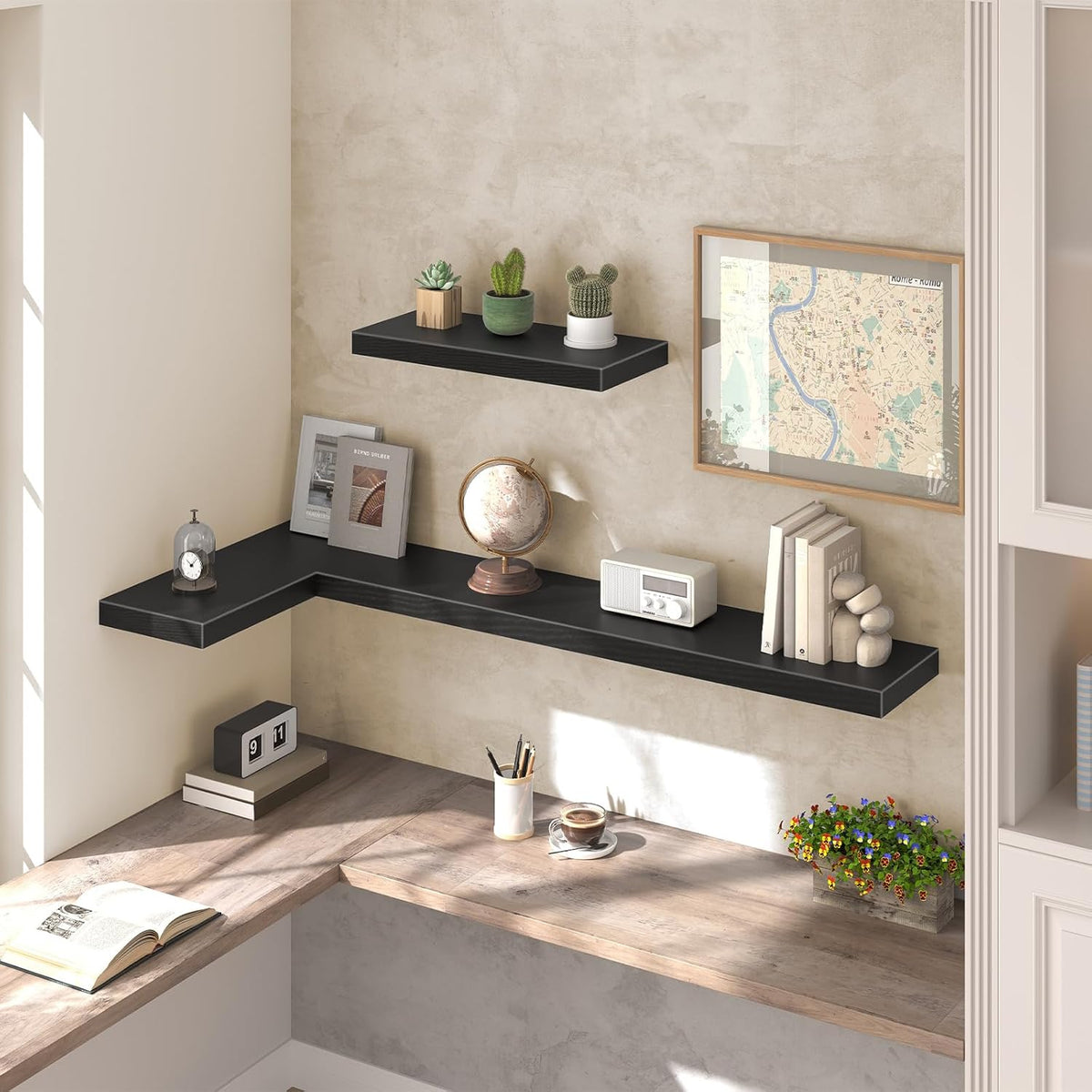 HOOBRO Floating Shelves for Wall, Wall Mounted Shelf Set of 2, 55" Hanging Shelf with Invisible Brackets, for Wall in Bathroom, Bedroom, Toilet, Kitchen, Living Room, Office, Black BK140BJP201