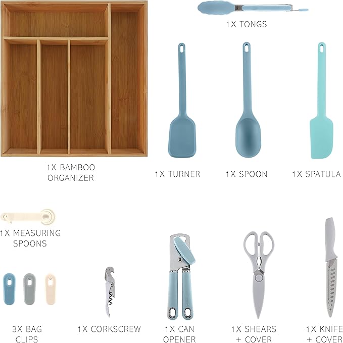 COOK WITH COLOR Bamboo Kitchen Utensil Set with Drawer Organizer | Cooking Tools and Storage Caddy, Blue, 18 Piece Gadget Set